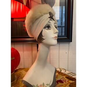 vintage 1940s cream turban rabbit fur hat jeweled 40s fashion avant garde diva